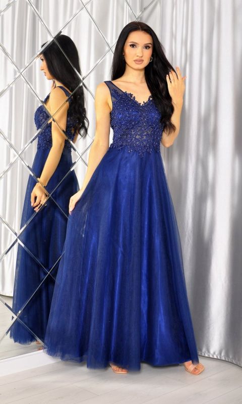 M&M - Sukienka maxi ze zdobioną górą z tiulem w kolorze granatowym. Model: PW-4338 - Rozmiar: 36(S)
