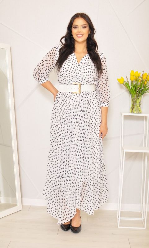 M&M - Sukienka maxi zwiewna w kolorze białym w czarne kropki. MODEL:M-8059 - Rozmiar: 36(S)