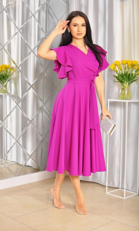 M&M - Sukienka midi motylek w kolorze BISKUPIM z delikatnymi falbankami przy rękawach. MODEL: KM-8793 - Rozmiar: 36(S)