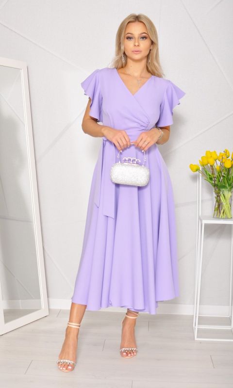 M&M - Sukienka midi motylek w kolorze liliowym z delikatnymi falbankami przy rękawach. Model: KM-8124 - Rozmiar: 36(S)