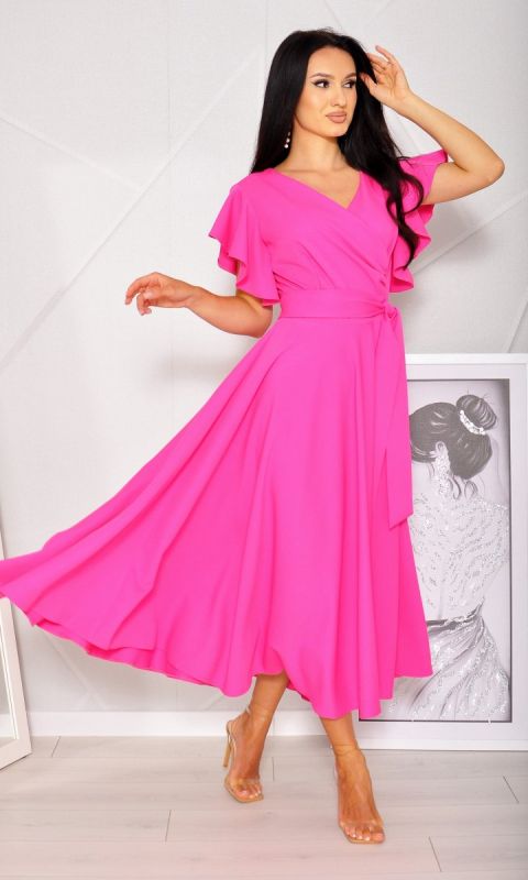 M&M - Sukienka midi motylek w kolorze różowym z delikatnymi falbankami przy rękawach. MODEL: KM-8123 - Rozmiar: 36(S)