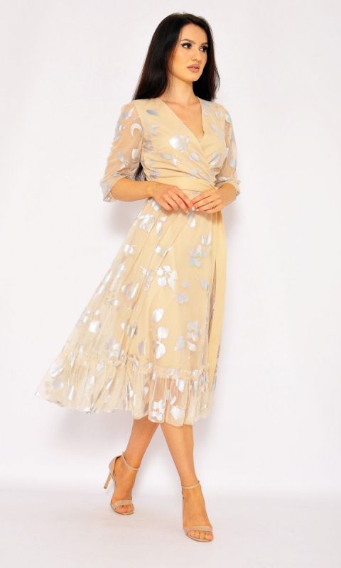 M&M - Sukienka midi w kolorze beżowym w kwiaty holo.MODEL:HI-7565 - Rozmiar: 36(S)