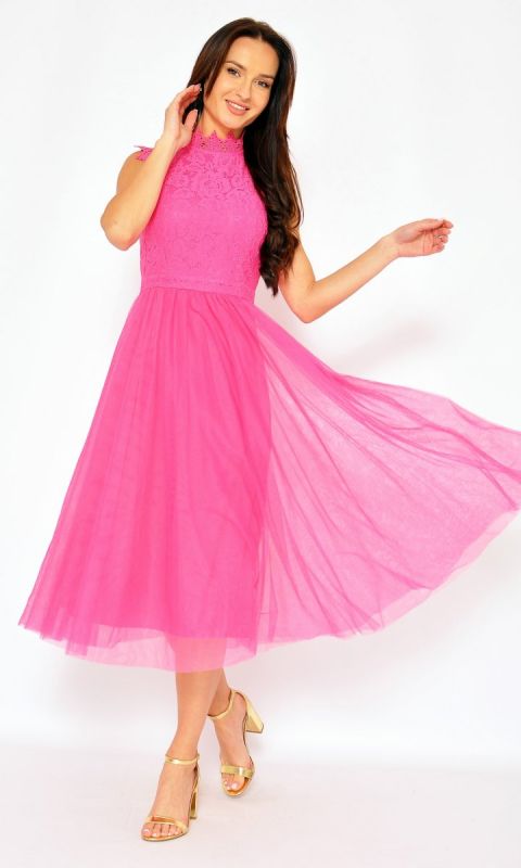 M&M - Sukienka midi z zabudowaną góra z koronki w kolorze różowym. Model IP-7488 - Rozmiar: 36(S)