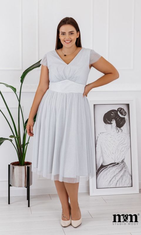 M&M - Tiulowa sukienka midi z brokatem i krótkim rekawkiem. MODEL:DV-7462 - Rozmiar: 36(S)
