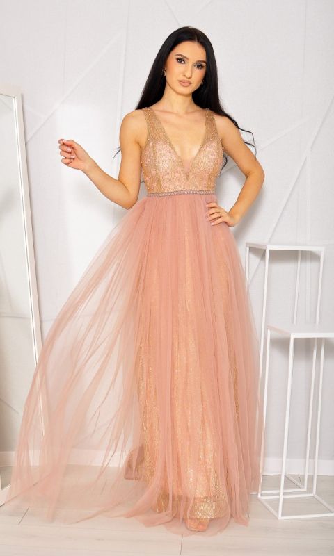 M&M - Zjawiskowa sukienka maxi z brokatem w kolorz pudrowego różu. MODEL: PW-3527 - Rozmiar: 36(S)