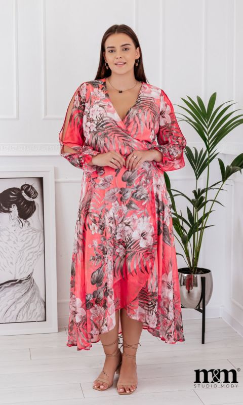 M&M - Zwiewna sukienka maxi w kolorze różowym z motywem kwiatowym.MODEL:LO-7337 - Rozmiar: 38(M)