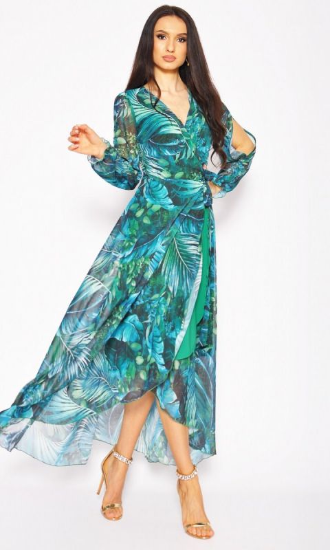 M&M - Zwiewna zielona sukienka maxi z rękawkiem. Model: KM-6599 - Rozmiar: 36(S)