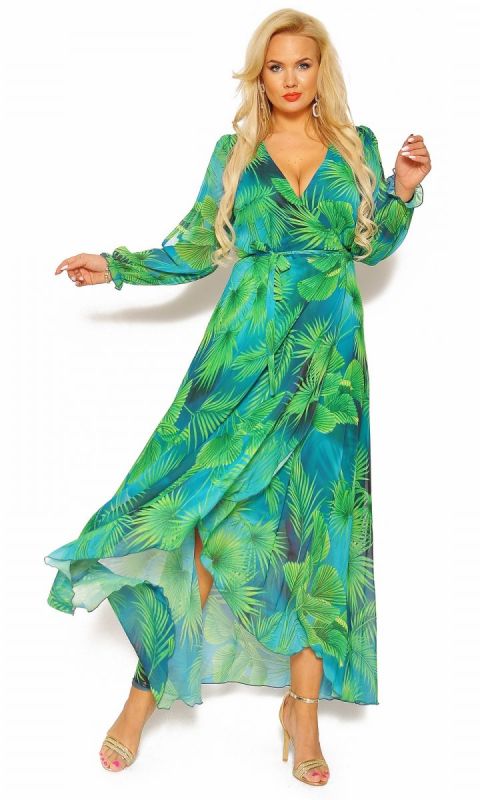 M&M - Zwiewna zielona sukienka maxi z rękawkiem Model: LO-4952 - Rozmiar: 38(M)