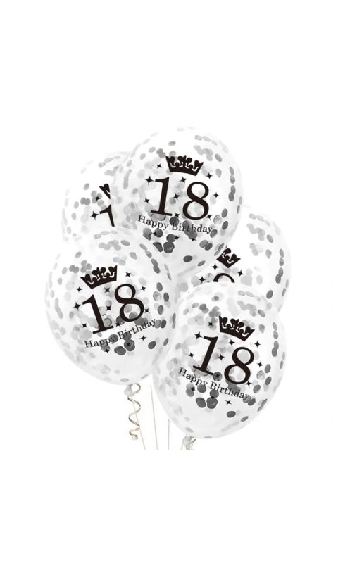 Przezroczyste balony ze srebrnym konfetti 18 urodziny, 30 cm 3 szt.