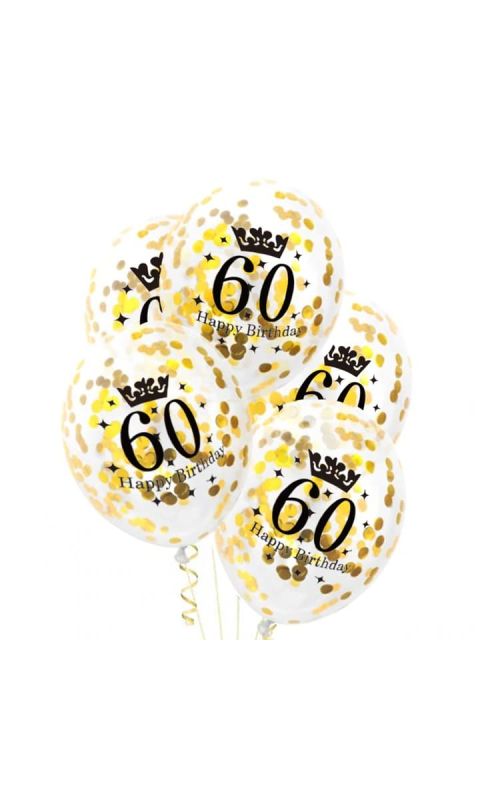 Przezroczyste balony ze złotym konfetti 60 urodziny, 30 cm 3 szt.