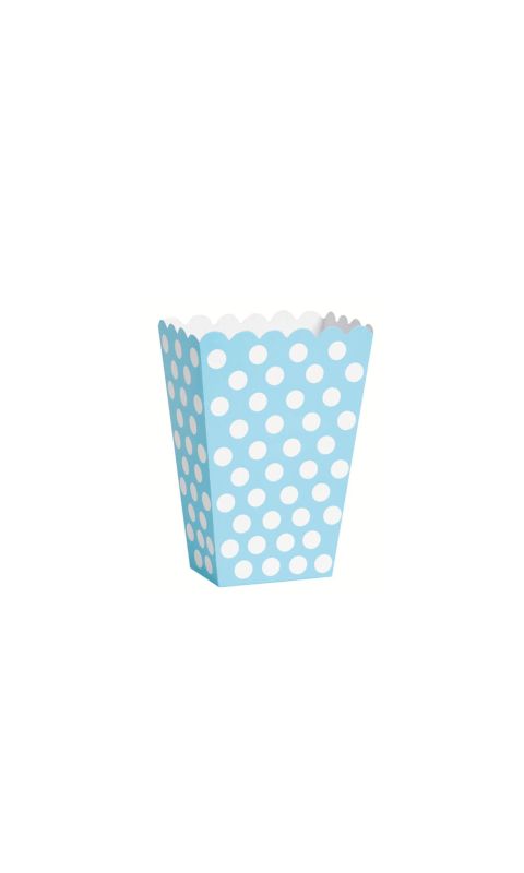 Pudełka na popcorn niebieskie błękitne w białe kropki, 8 szt.