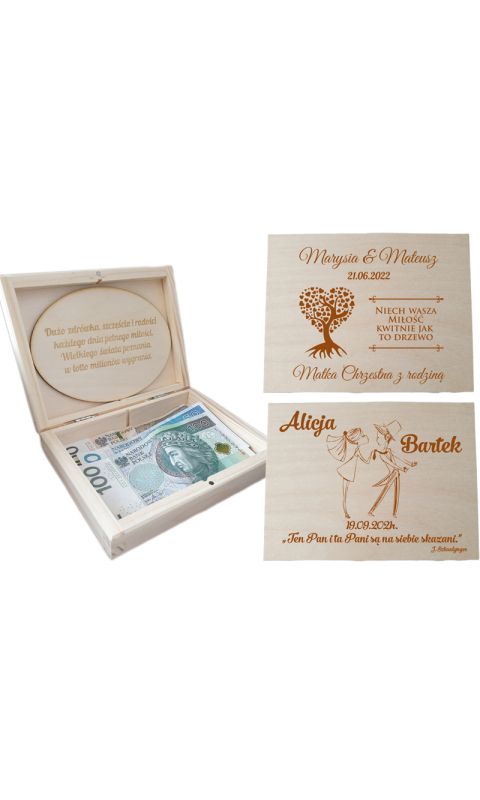Pudełko na pieniądze, pamiątka ślubu, prezent na wesele, kartka, grawer, życzenia.