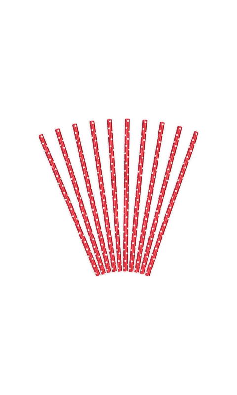 Słomki papierowe czerwone w białe kropki, 19,5 cm