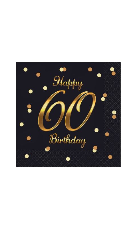 Serwetki Happy 60 Birthday urodziny czarne, 20 szt.