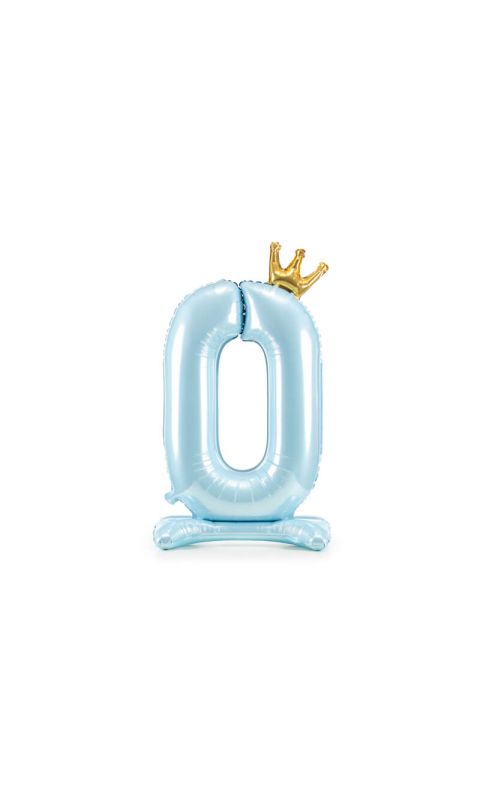 Stojący balon cyfra 0 z koroną niebieski, 84 cm