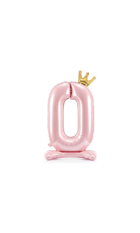 Stojący balon cyfra 0 z koroną różowy, 84 cm