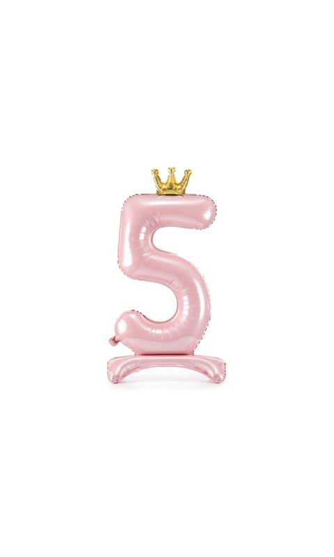 Stojący balon cyfra 5 z koroną różowy, 84 cm