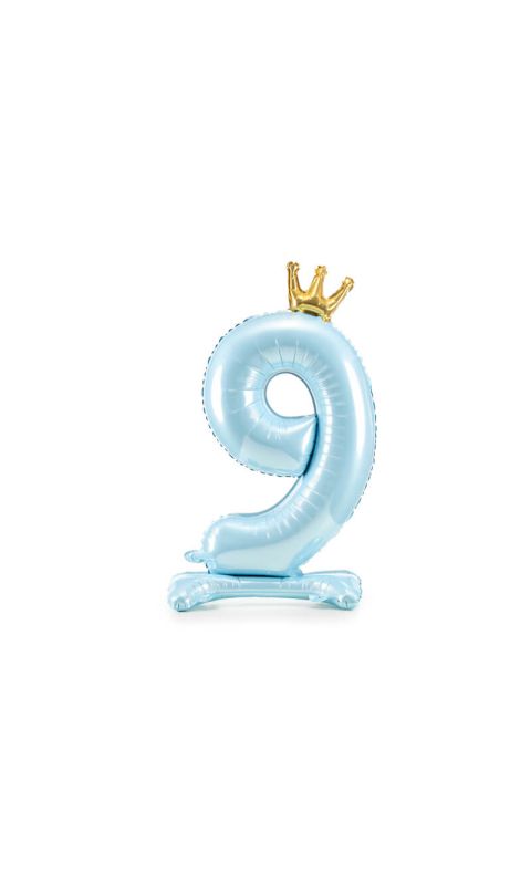 Stojący balon cyfra 9 z koroną niebieski, 84 cm