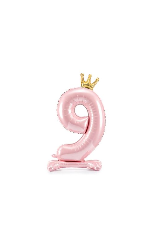 Stojący balon cyfra 9 z koroną różowy, 84 cm