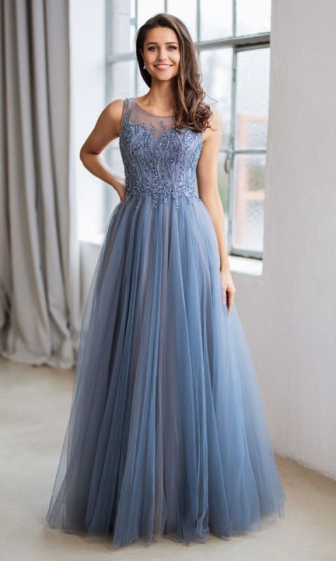 Suknia wieczorowa z aplikacjami z kryształków górskich w kolorze niebieskim 34