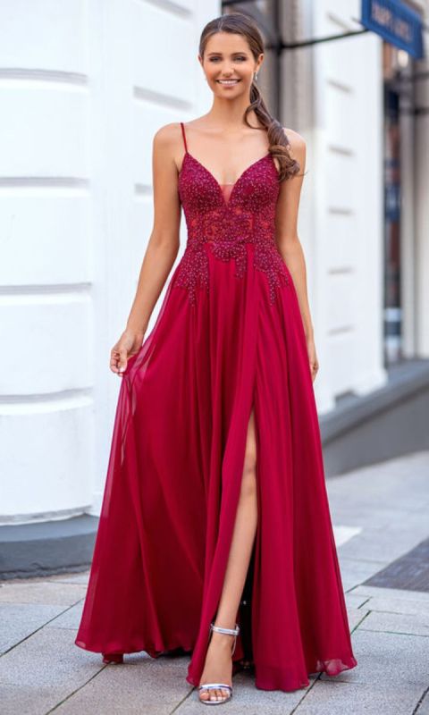Szyfonowa suknia wieczorowa w kolorze czerwonym 34