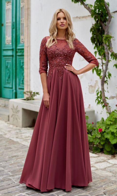 Szyfonowa suknia wieczorowa z rękawami w kolorze jasnej czerwieni 34