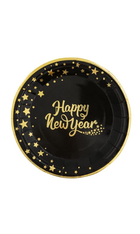 Talerzyki papierowe Happy New Year czarno-złote, 18 cm 6 szt.