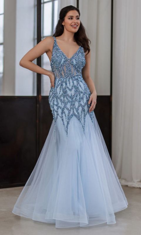 Tiulowa suknia wieczorowa z wyszukanym zdobieniem w kolorze niebieskim 34