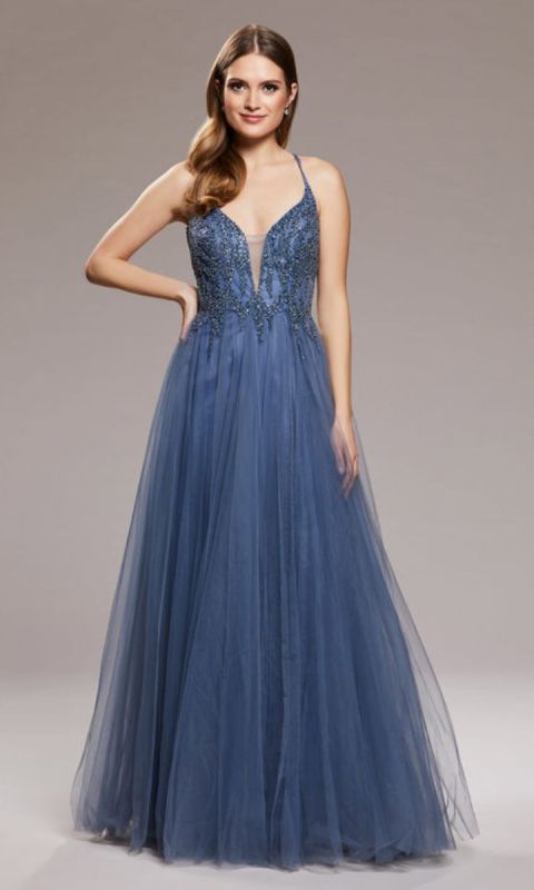 Tiulowa suknia wieczorowa ze sznurowaniem z tyłu w kolorze niebieskim 34