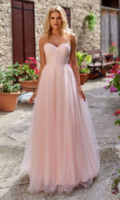 Tiulowa suknia wieczorowa ze sznurowaniem z tyłu w kolorze perłowego różu 34
