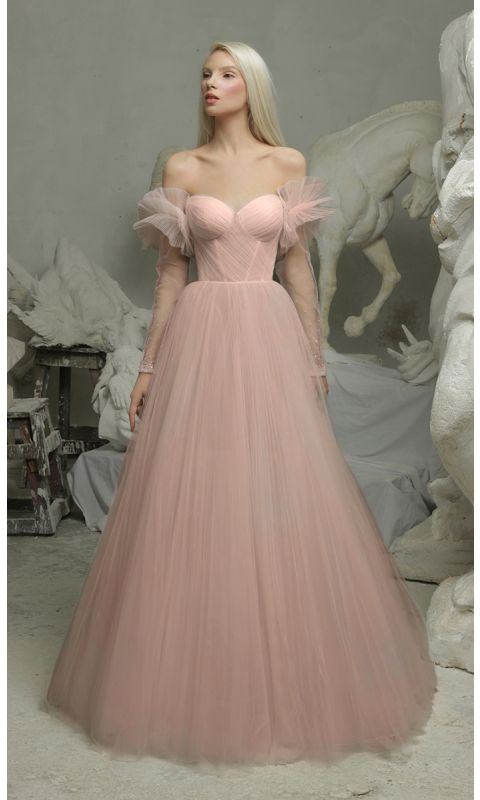 Tiulowa suknia z rękawem w kolorze pudrowego różu _XS
