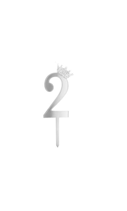 Topper na tort cyfra "2" z koroną, srebrny