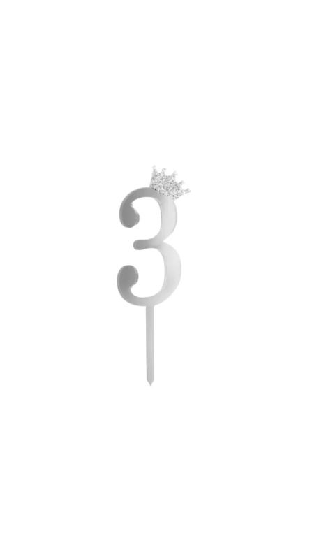 Topper na tort cyfra "3" z koroną, srebrny