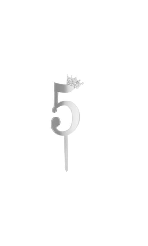 Topper na tort cyfra "5" z koroną, srebrny