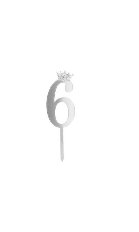 Topper na tort cyfra "6" z koroną, srebrny