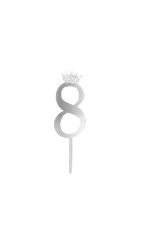 Topper na tort cyfra "8" z koroną, srebrny
