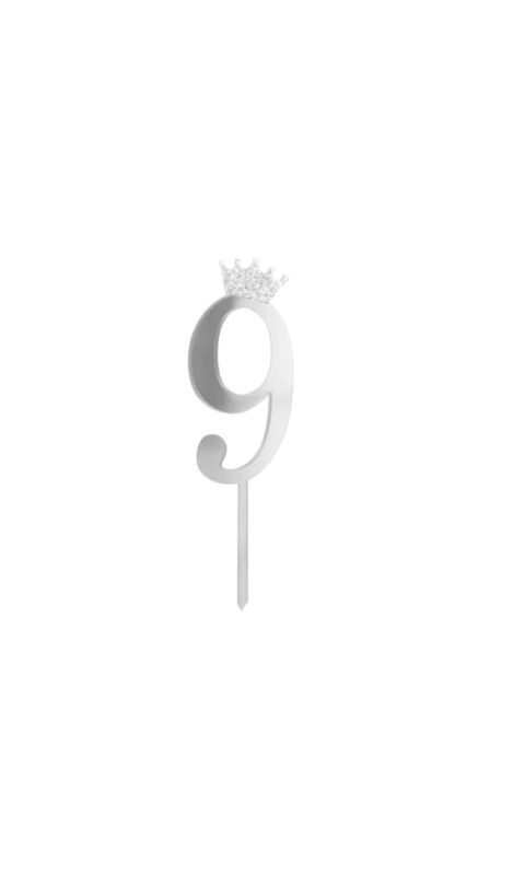Topper na tort cyfra "9" z koroną, srebrny