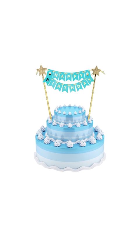 Topper na tort z girlandą Happy Birthday niebieski