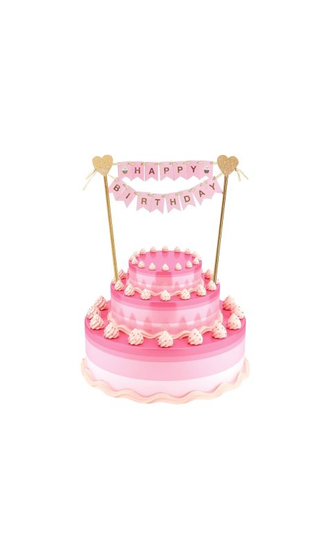 Topper na tort z girlandą Happy Birthday różowy