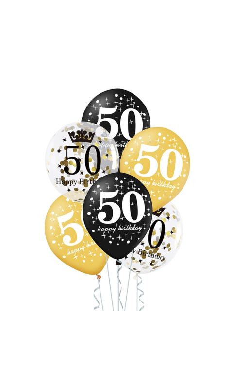 Zestaw balonów na 50 urodziny czarno złote, 6 szt.