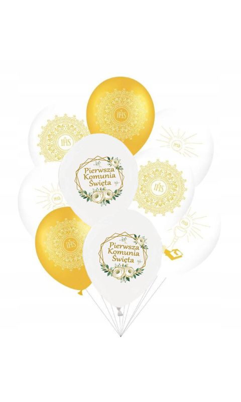 Zestaw balonów na Pierwszą Komunię Świętą biało - złoty  9szt.