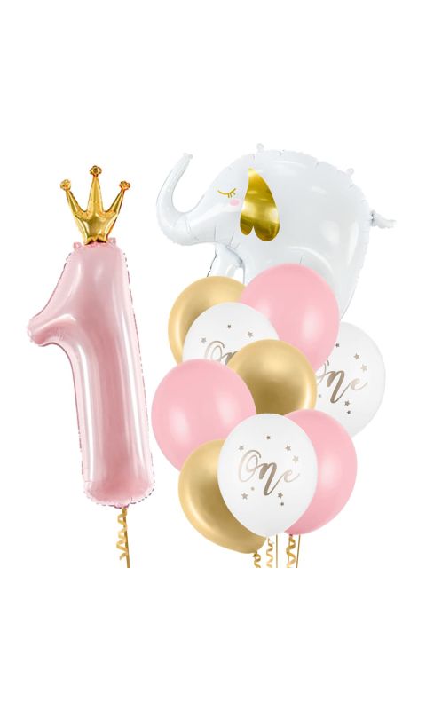 Zestaw balonów na roczek dla dziewczynki różowy