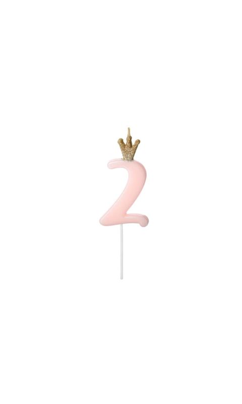 Świeczka urodzinowa cyfra 2 z koroną różowa, 9,5 cm