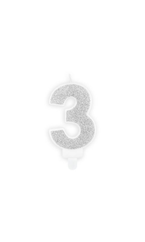 Świeczka urodzinowa cyfra 3 srebrna, 7 cm