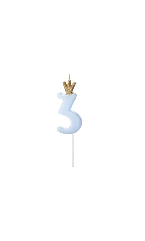 Świeczka urodzinowa cyfra 3 z koroną niebieska, 9,5 cm