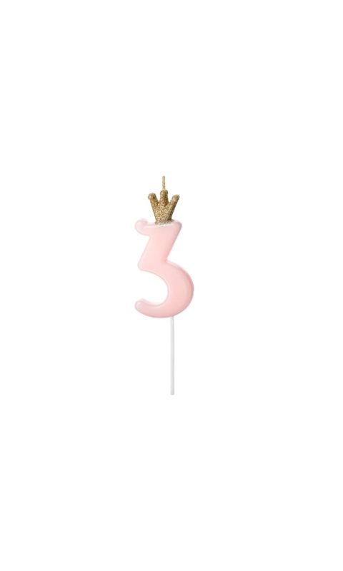 Świeczka urodzinowa cyfra 3 z koroną różowa, 9,5 cm