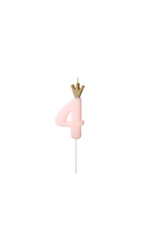 Świeczka urodzinowa cyfra 4 z koroną różowa, 9,5 cm