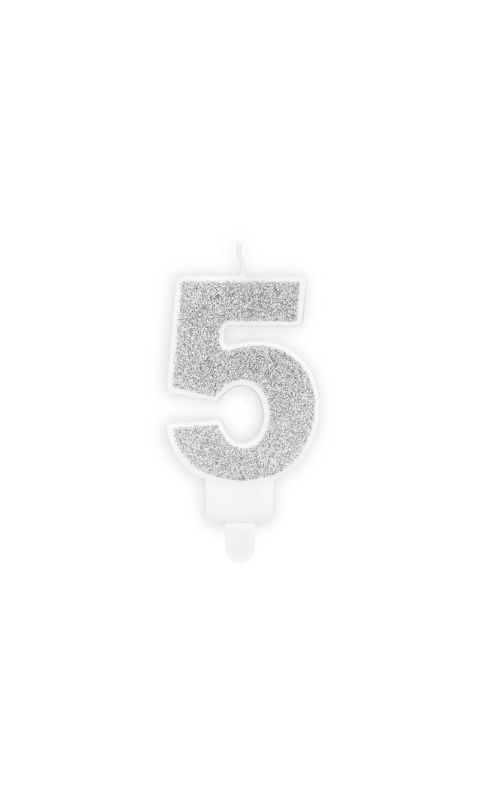 Świeczka urodzinowa cyfra 5 srebrna, 7 cm