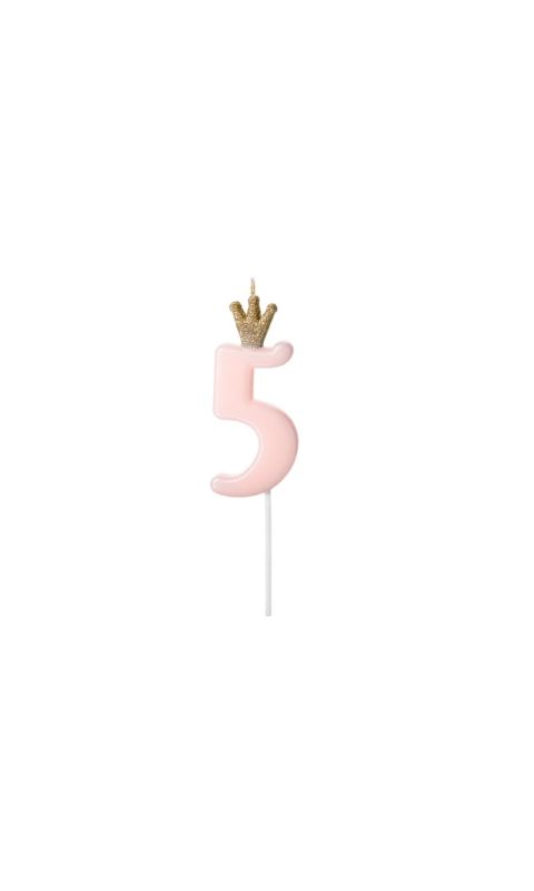 Świeczka urodzinowa cyfra 5 z koroną różowa, 9,5 cm