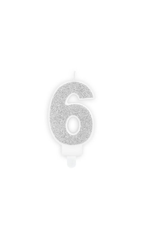 Świeczka urodzinowa cyfra 6 srebrna, 7 cm